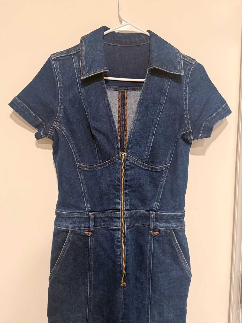 Denim Zip-Front Short Sleeve Jumpsuit - Deep Blue